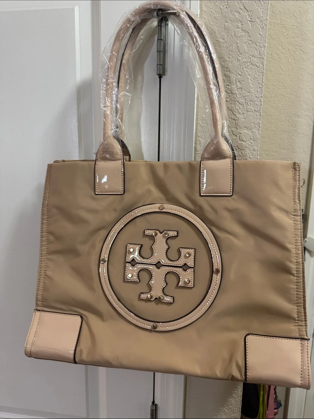 TB Tan Logo Tote with Patent Trim
